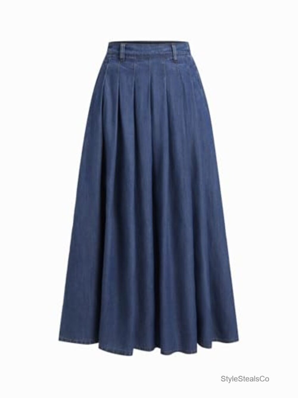 Pleated Denim Maxi Skirt Cotton Lyocell A-Line with Pockets